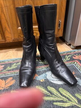 Cole Haan Black Leather Mid-Calf Square Toe Block Heel Boots